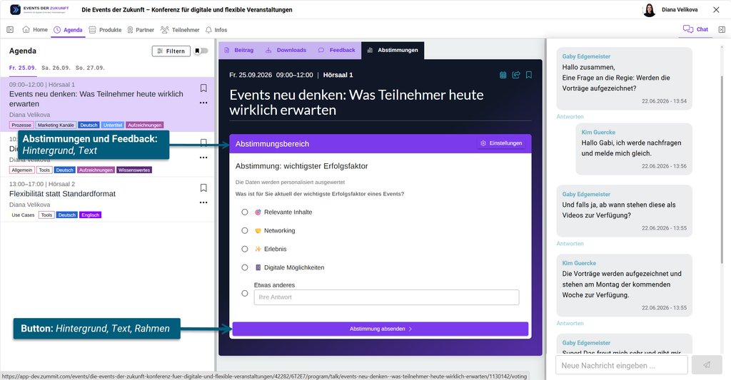 Farbeinstellungen für die Bereiche Abstimmungen und Feedback